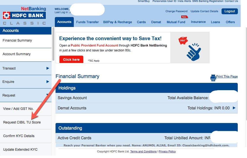 HDFC CIBIL score check netbanking