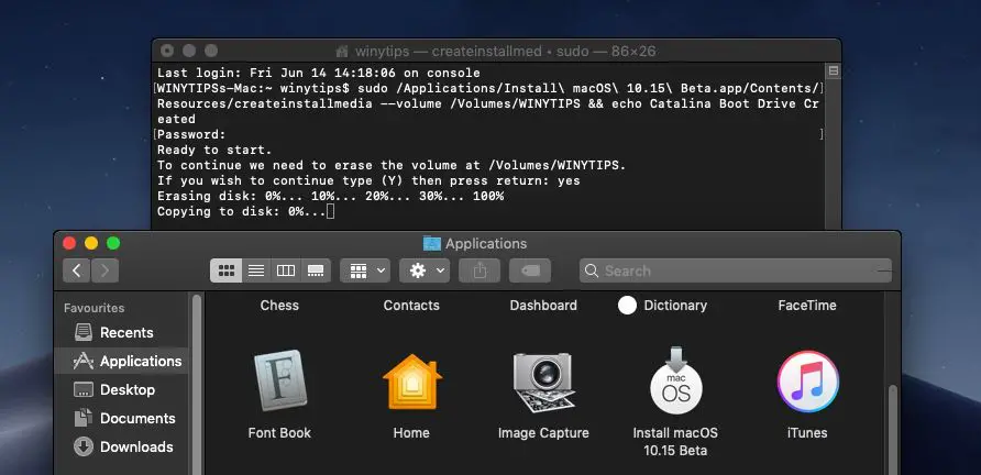 macOS Terminal for Catalina USB installer disk