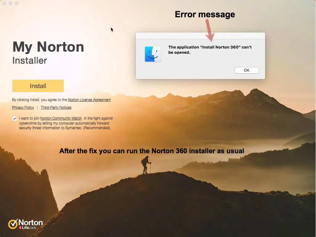 the application Install Norton Security 360 can't be opened