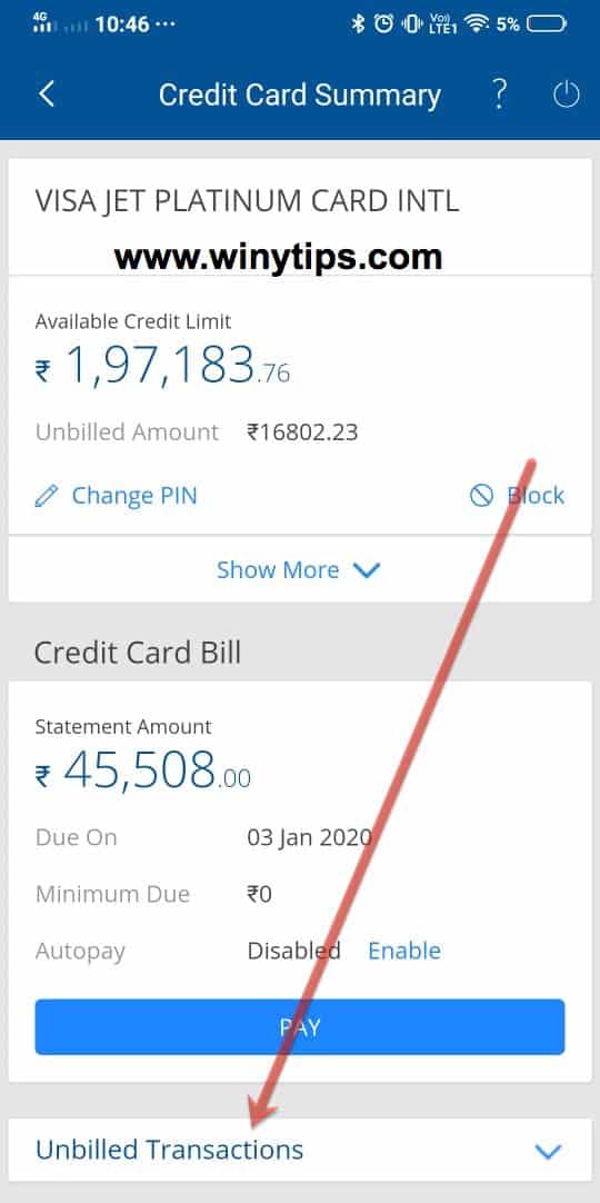 HDFC credit Card unbilled statement mobile app