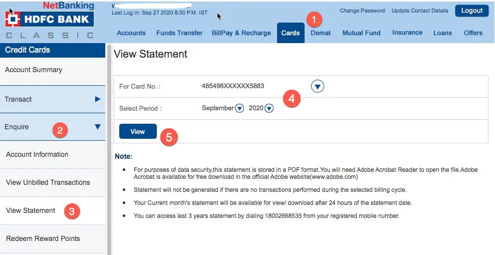 check HDFC credit card statement online